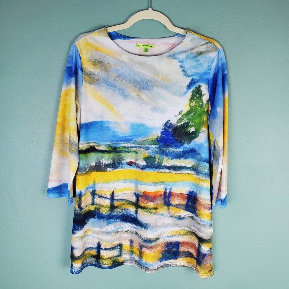 Trisha Tyler Landscape Print 3/4 Sleeve Long Tunic Top Size Small